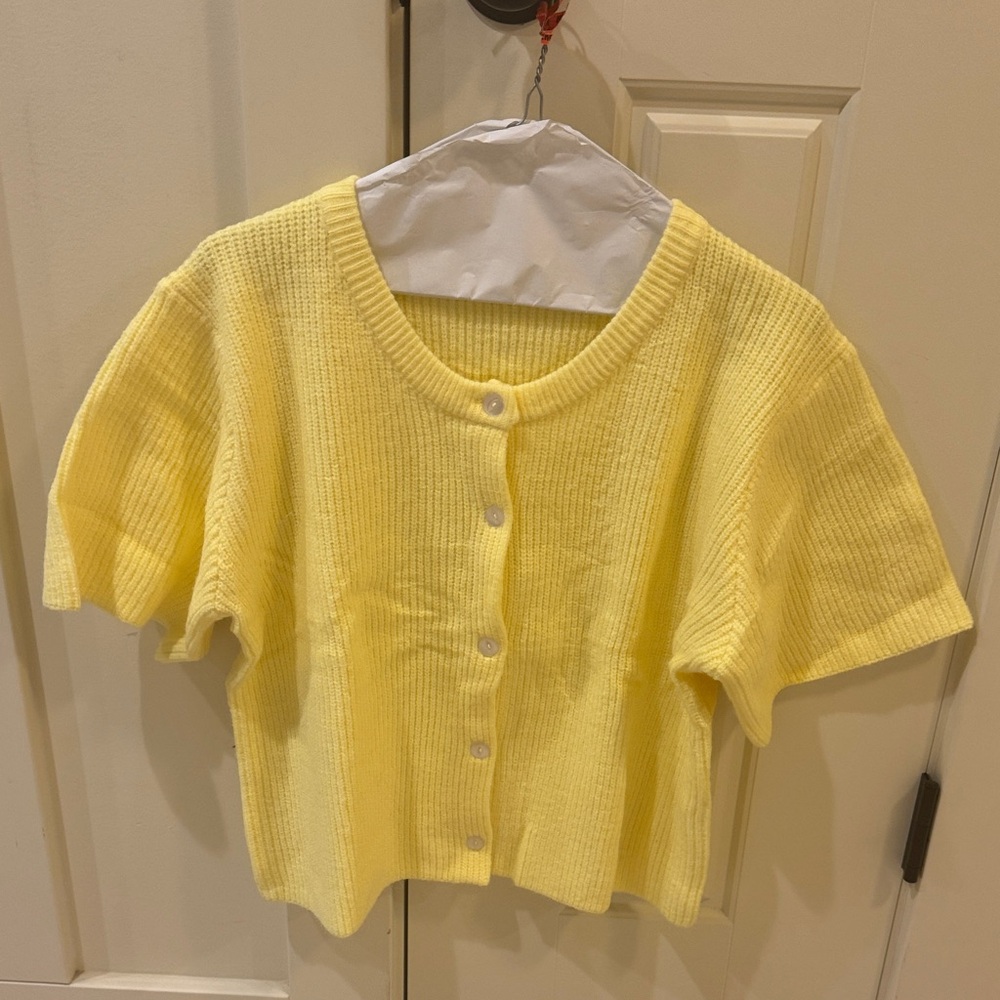 Yellow Short-Sleeve Button Cardigan Sweater